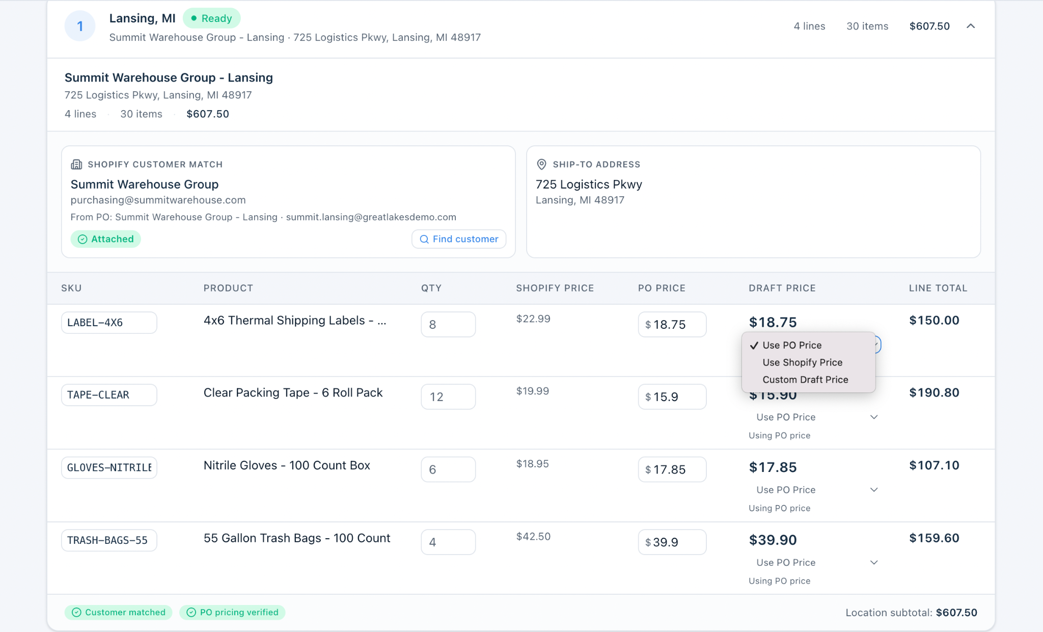 Order Desk controls for reviewing customers, SKUs, quantities and PO, Shopify or custom prices